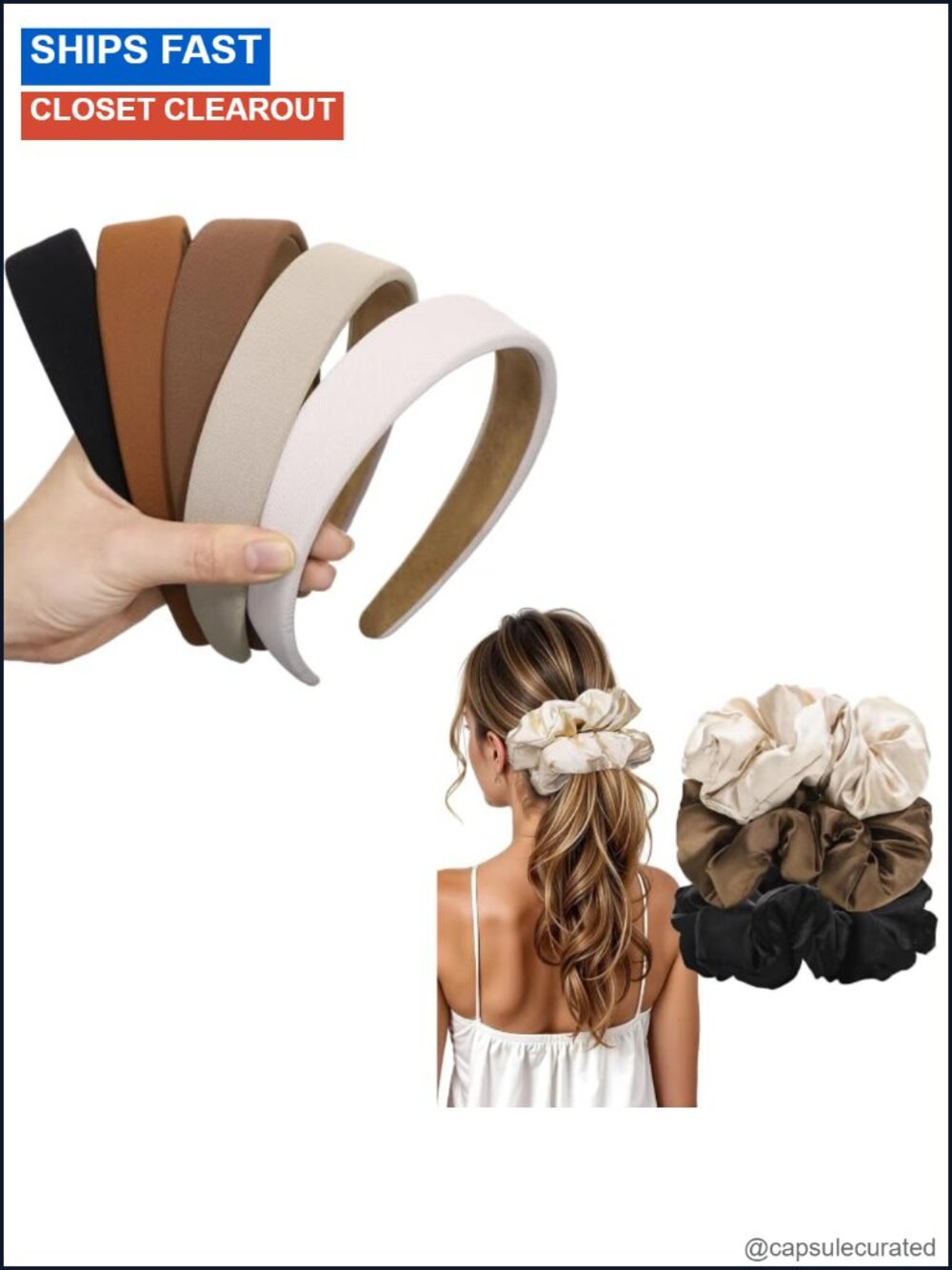 5Pc Ribbed Headbands & 3 Satin Pillow Scrunchies Set Non-Slip